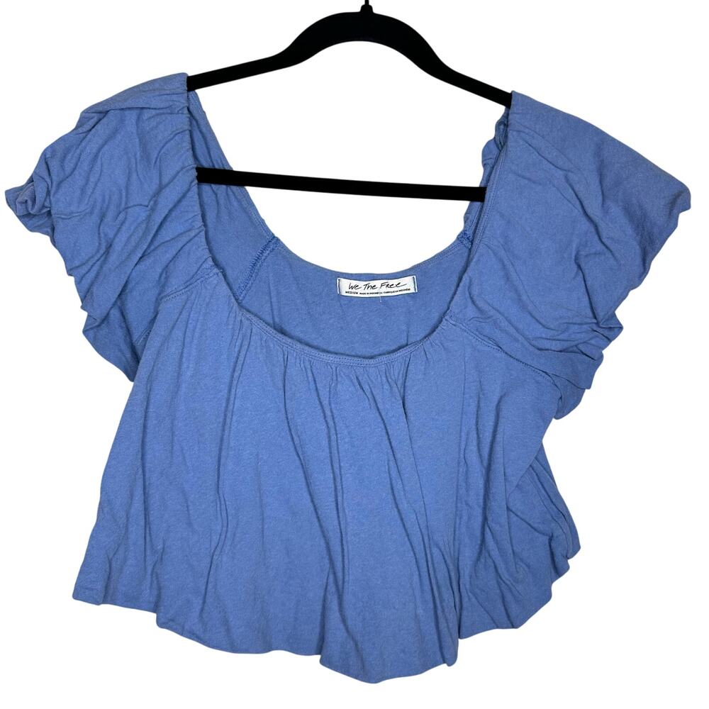 Free People Sunnie Tee Blue Puff Sleeve Cropped Bubble Periwinkle Blue Sz Medium - Picture 2 of 6